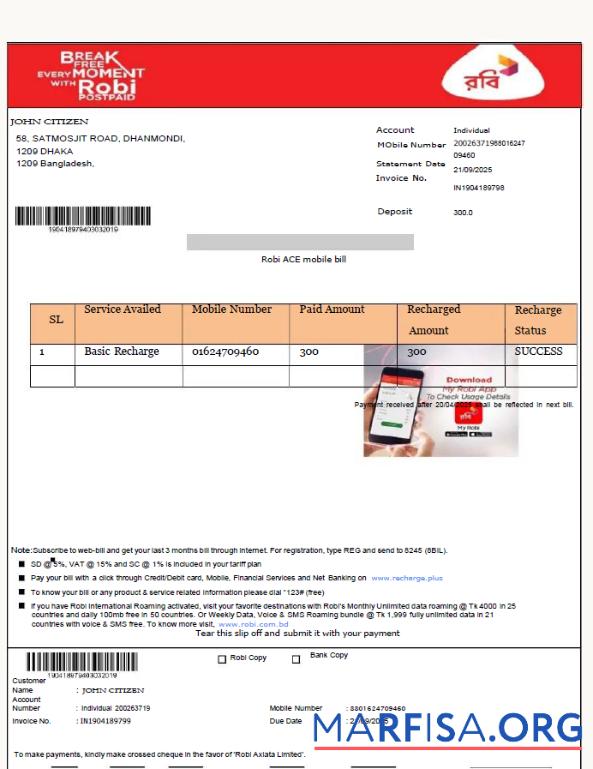 Blank Bangladesh Robi Axiata Limited utility bill template in Word and PDF formats